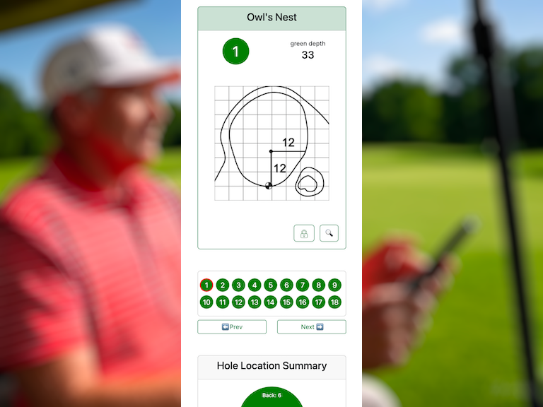 A PinSheet Pro hole location on a phone, showing the green diagram and pin distances.